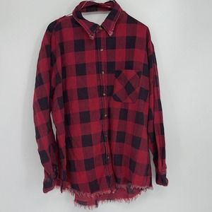 LF FURST OF A KIND RED & BLACK BUFFALO CHECK DISTRESSED FLANNEL SHIRT ONE SIZE